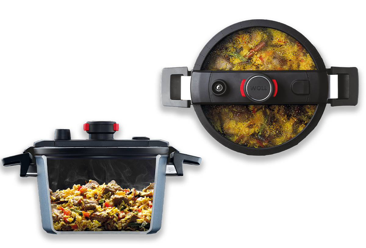 Der aufgeschnittene Mantel des runden Diamond Active Lite Niederdrucktopfs verdeutlicht die Vorteile während dem Kochen. Der vollflächige Induktionsboden ermöglicht schnelles und gleichmäßiges Garen. Das Active-Lite-Ventil sorgt für einen konstanten Druck