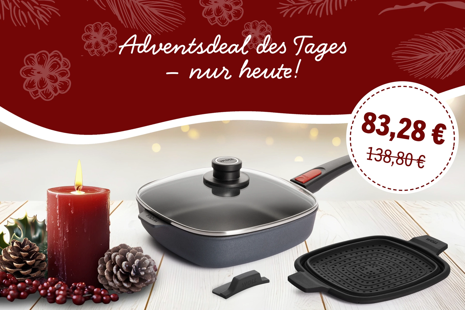 Adventsset Diamond Lite Viereckpfanne mit Glasdeckel und Siebeinsatz sowie Silikongriff neben Adventskerze und Aktionspreis