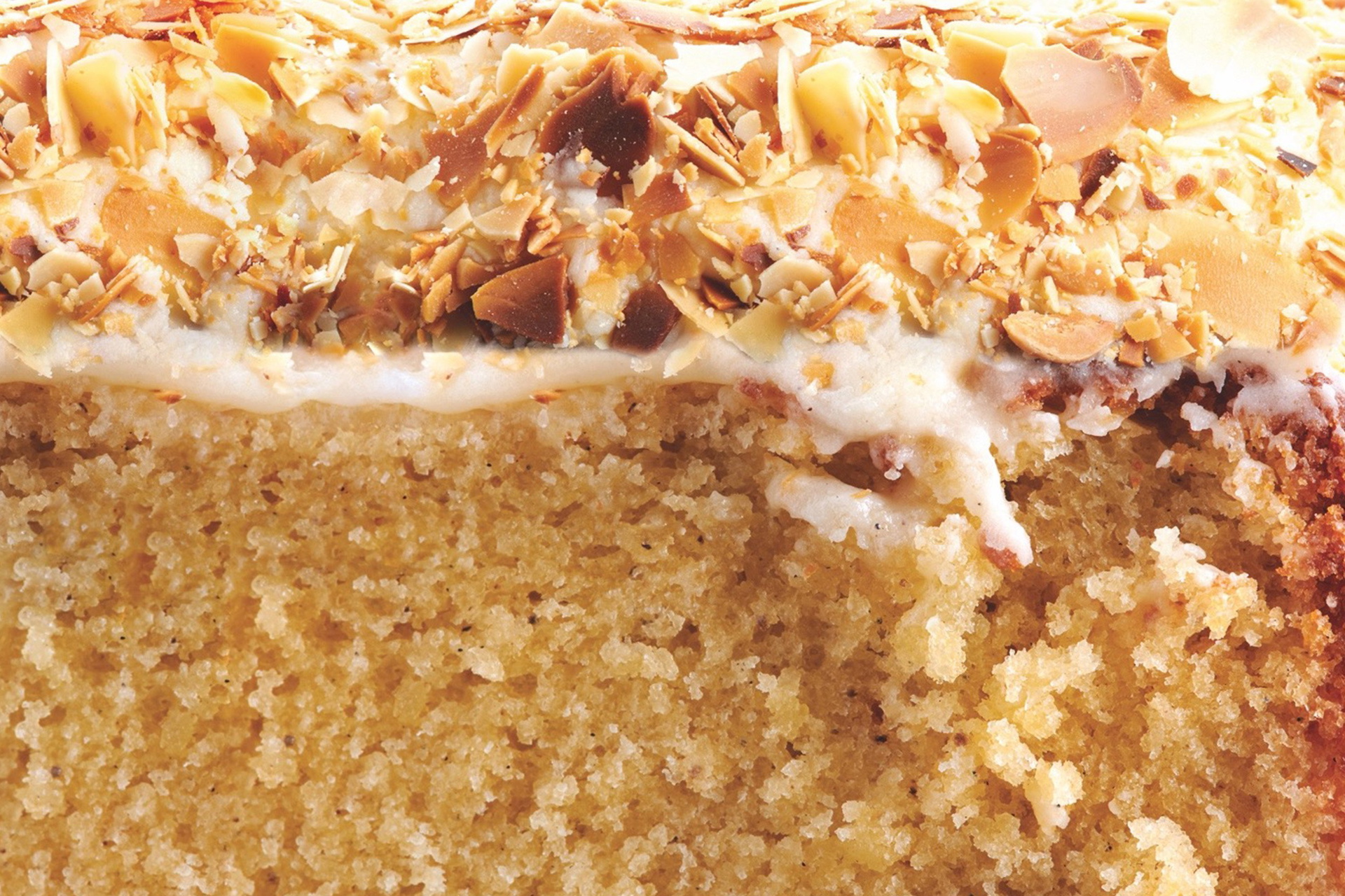 Im Querschnitt sieht man einen Weisse-Schokolade-Kuchen.