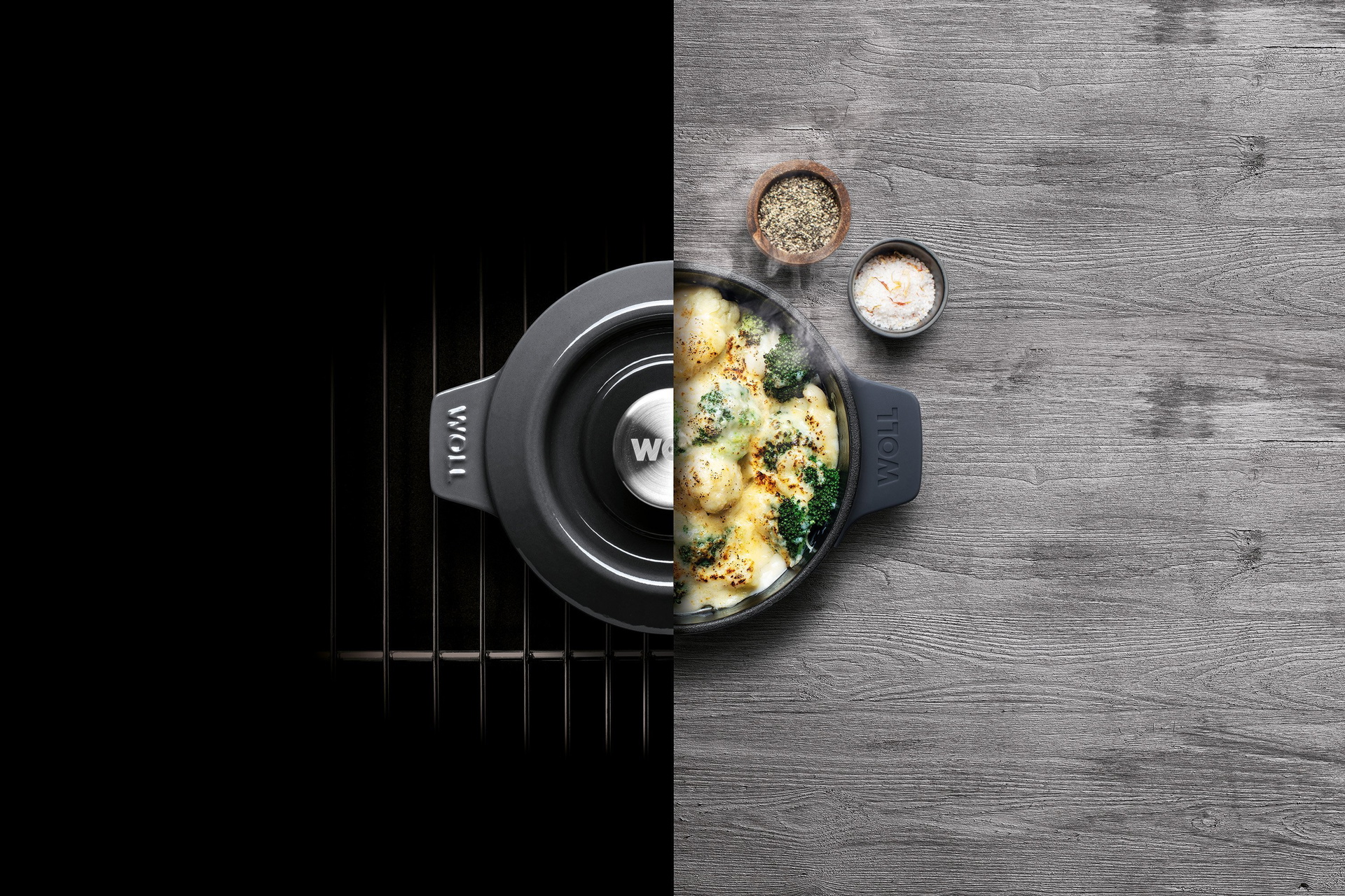 Der runde, graue Iron Topf wird mit Deckel im Ofen verwendet und anschließend direkt mit den überbackenen Klößen auf den Tisch gestellt.