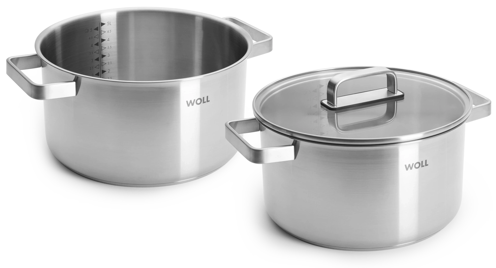 Zwei runde Töpfe der Serie Steel in der drei Seitenansicht. Ein Topf ohne und einer mit Deckel.