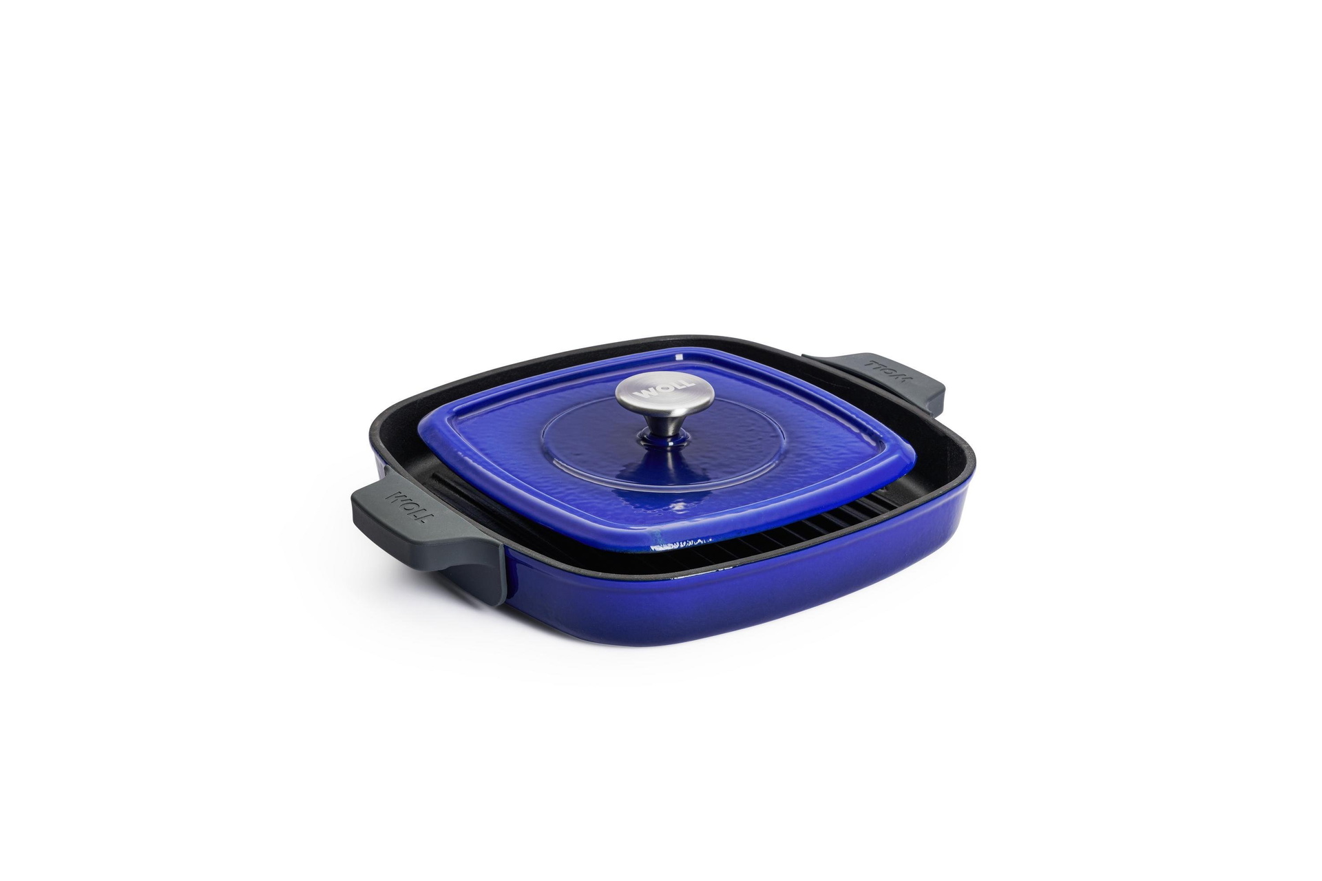 628-2CI-020_Lid_Up_Silicone_Grips_3Quarter Iron Guss-Grillpfanne, mit Rillen und Steakpresse | Cobalt Blue | Alle Herdarten inkl. Induktion | 28x28cm