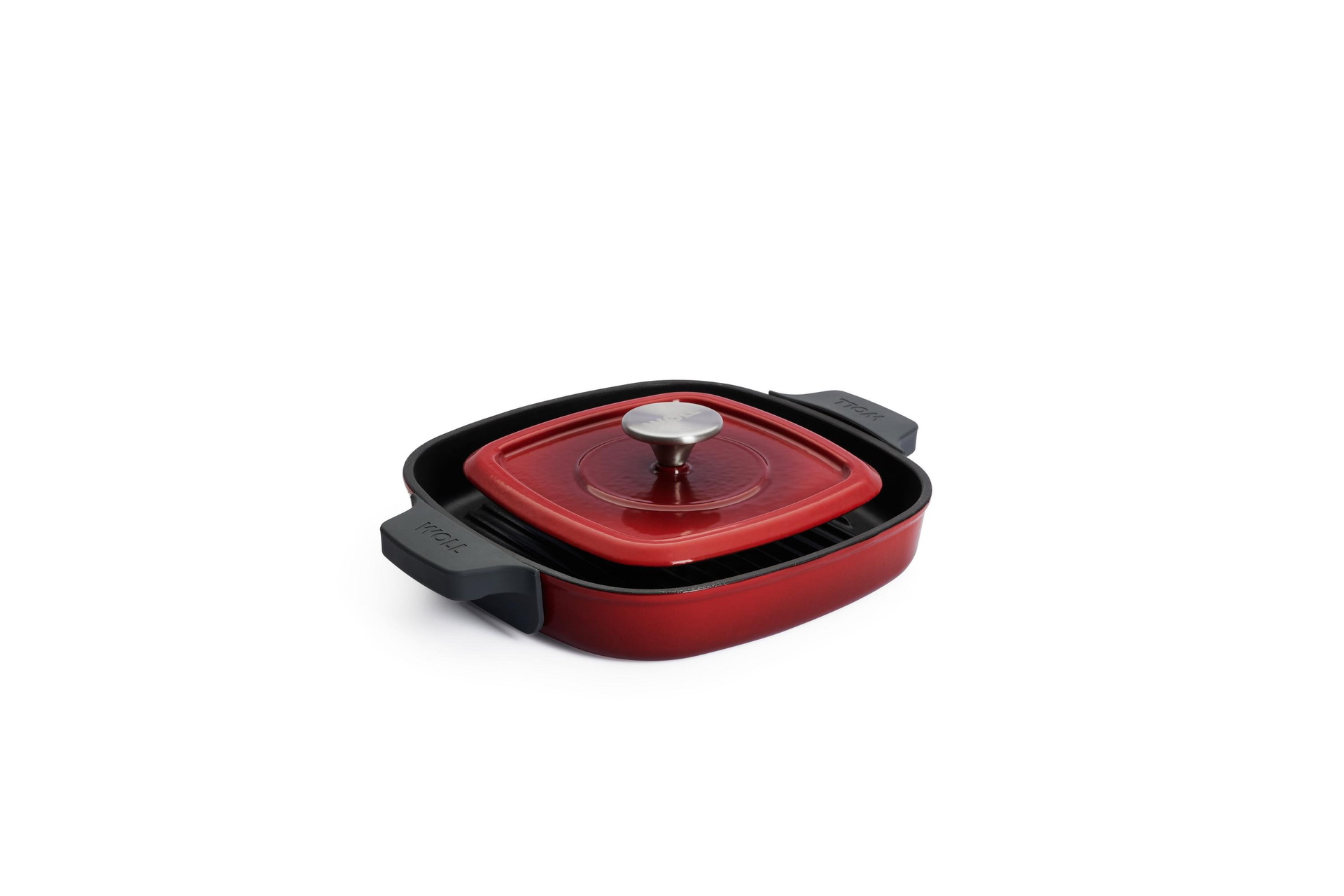 624-2CI-010_Lid_Up_Silicon_Grips_3Quarter Iron Guss-Grillpfanne, mit Rillen und Steakpresse | 24x24cm | Alle Herdarten inkl. Induktion | Chili Red