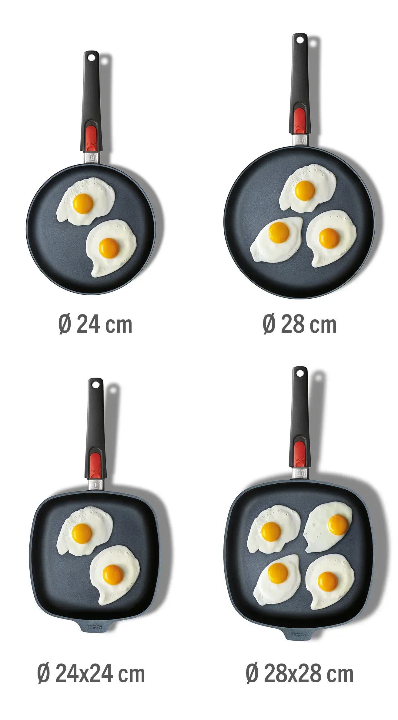 In der oberen Reihe sind zwei runde Diamond Lite Pfannen mit Durchmessern von 24 cm und 28 cm abgebildet. Je nach Größe enthalten die Pfannen entweder zwei oder drei Spiegeleier. In der unteren Reihe sind zwei viereckige Diamond Lite Pfannen in den Größen