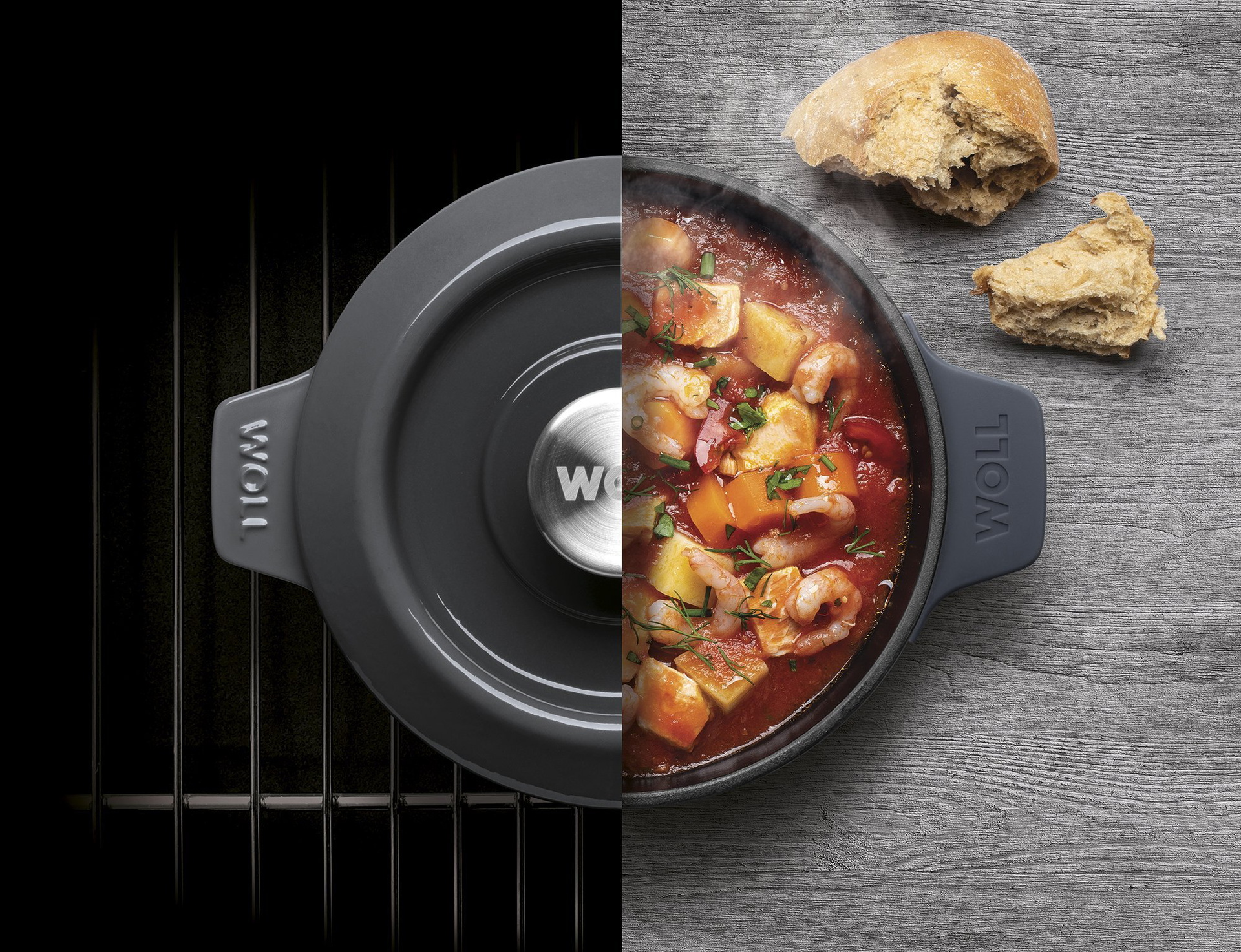 Der runde, graue Iron Topf wird mit Deckel im Ofen verwendet und anschließend direkt mit dem Garnelengericht auf den Tisch gestellt.