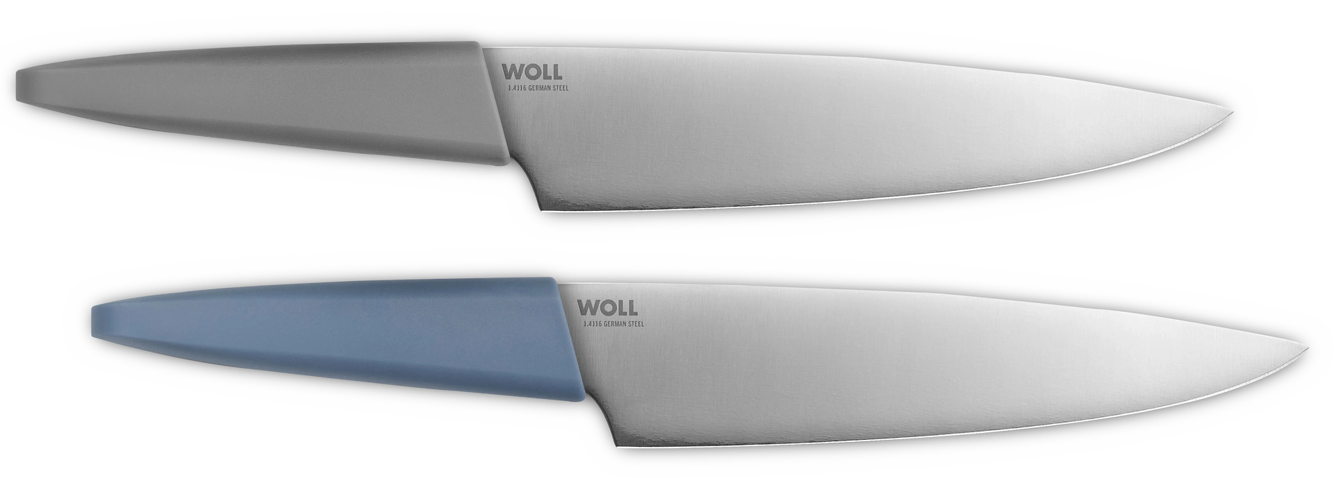 In der Seitenansicht werden zwei Messer aus der Serie Cutting Edge mit den Grifffarben Grau (Dove) und Blau (Storm) untereinander dargestellt.