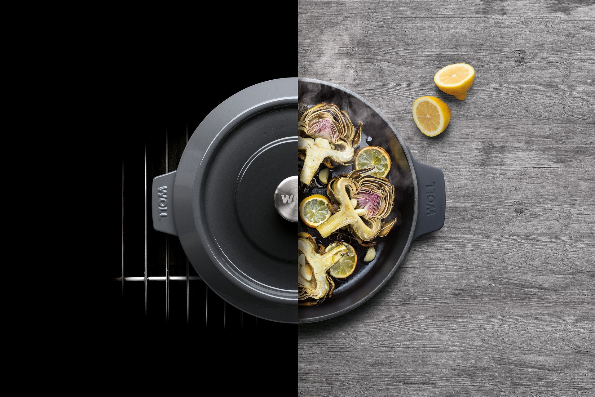 Die runde, graue Iron Kasserolle wird mit Deckel im Ofen verwendet und anschließend direkt mit dem angebratenen Artischocken auf den Tisch gestellt.