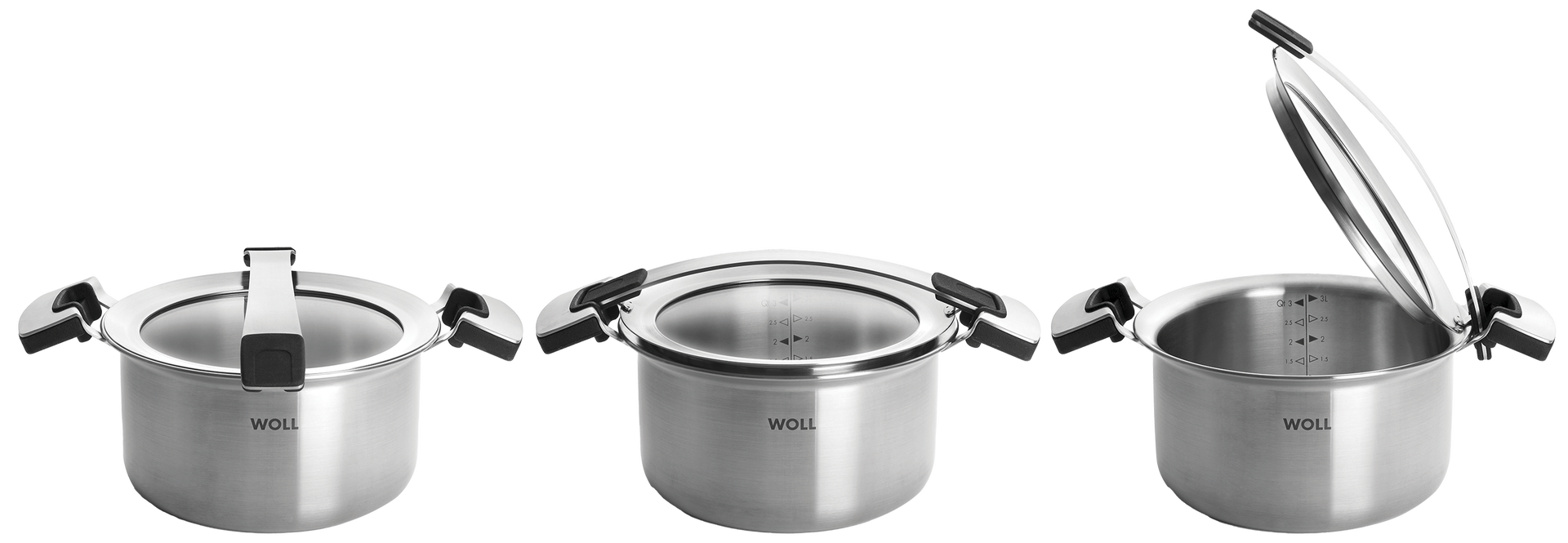 Der Concept Pro Topf ist in drei Ansichten zu sehen. In der ersten Position wird der Deckel aus dem Griffraster der Serie Concept Plus genommen, sodass er geschlossen ist. Beim Einrasten entsteht ein kleiner Schlitz, durch den die überschüssige Luft entwe