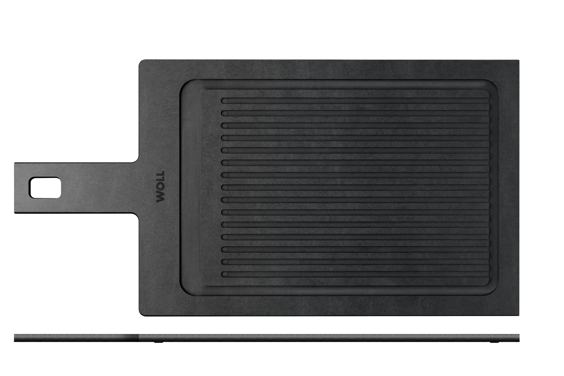 Ein Schneidebrett mit Griff und Rillen der Serie Cut & Serve in der Seiten- und Draufsicht.