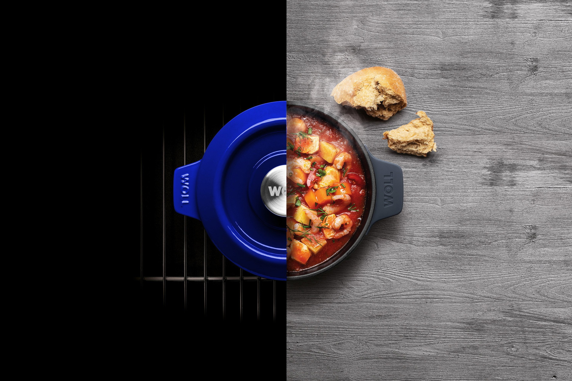 Der runde, blaue Iron Topf wird mit Deckel im Ofen verwendet und anschließend direkt mit dem Garnelentopf auf den Tisch gestellt.