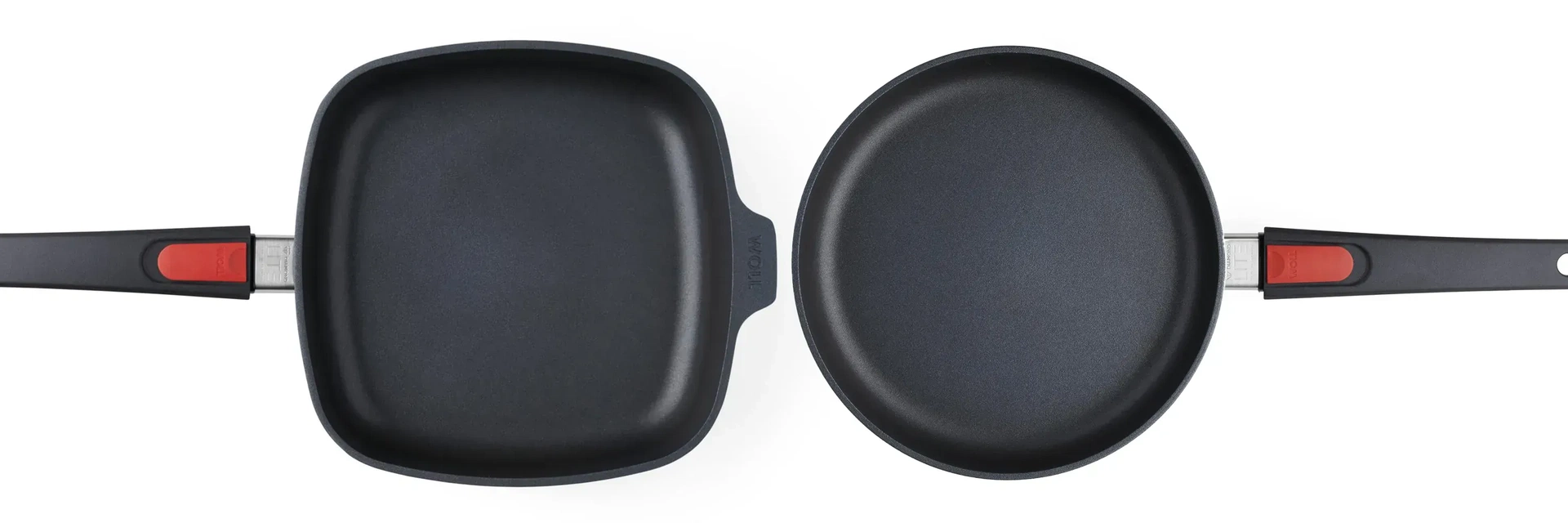 In der Abbildung sind nebeneinander eine viereckige und eine runde Pfanne der Serie Diamond Lite mit abnehmbarem Griff zu sehen.