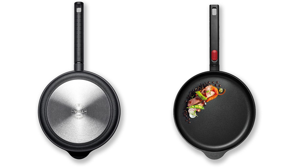 In der linken Ansicht ist der Pfannenboden der runden Logic zu sehen, in der rechten Ansicht die runde, gefüllte Logic Pfanne.