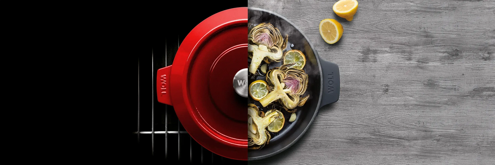 Die runde Kasserolle der Serie Iron wird geteilt dargestellt. Links ist sie mit verschlossenem Deckel auf dem Backofenrost zu sehen, rechts ohne Deckel mit einem dampfenden Gericht.