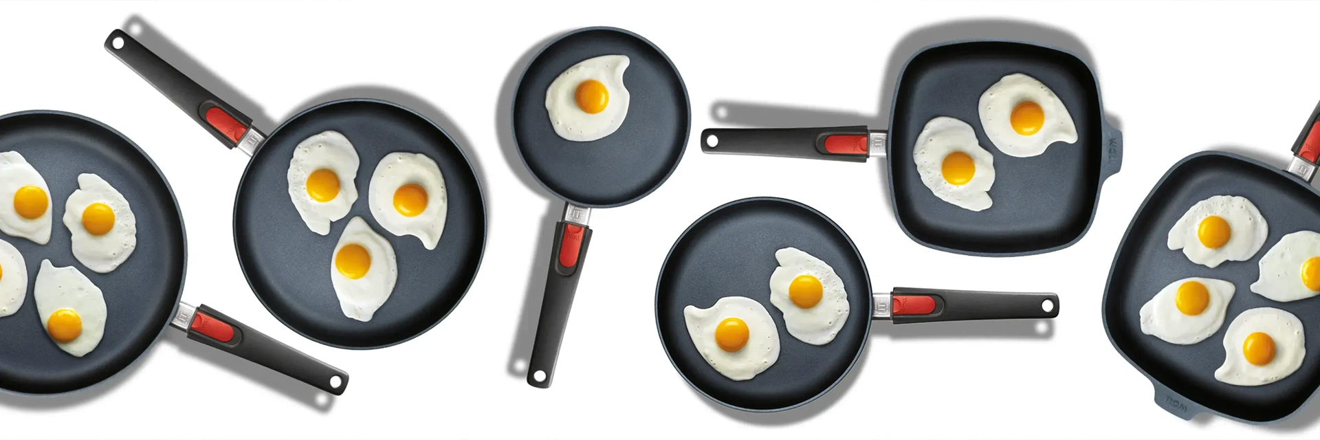 Eine Ansicht von oben verdeutlicht die verschiedenen Pfannengrößen und -formen der Serie Diamond Lite. Je nach Größe der Pfanne befinden sich unterschiedlich viele Spiegeleier darin.