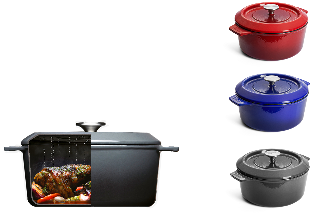 Die Kasserolle der Serie „Iron” beinhaltet ein Stück gebratenes Fleisch. Zur besseren Ansicht wurde ein Teil des Topfs entfernt. Daneben sind die Kasserollen in den Farben Carbon Grey, Cobalt Blue und Chilli Red übereinander dargestellt. Carbon Grey, Coba