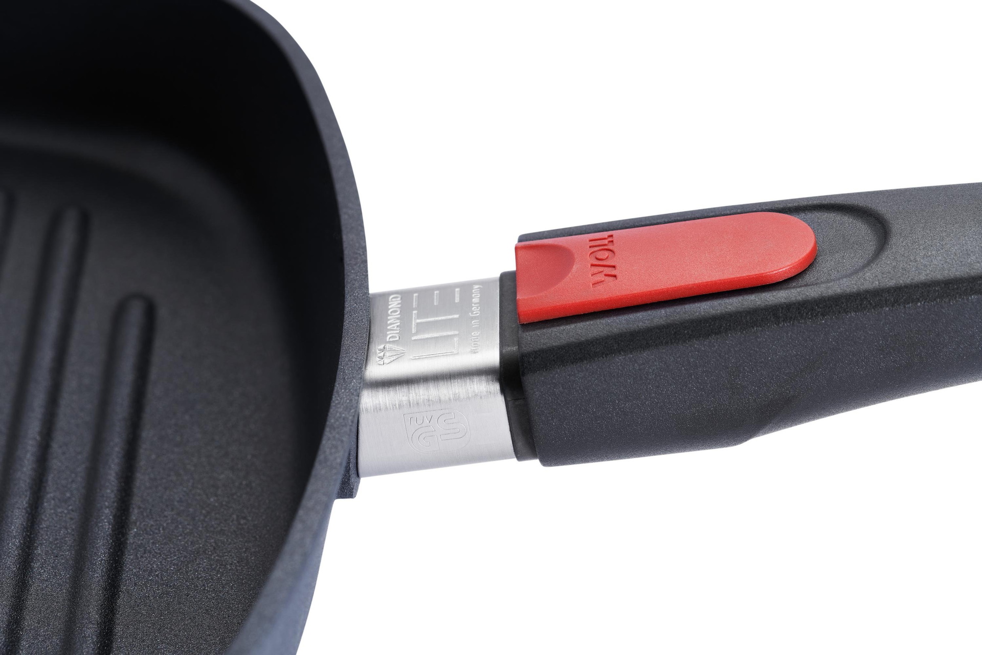 1628-1DPS_1628-1DPI_Handle_Detail Diamond Lite Guss-Steakpfanne, viereckig, mit Rillen Detailansicht | Stiel - Abnehmbar | Ceran, Gas, Elektro, Halogen | 28x28cm