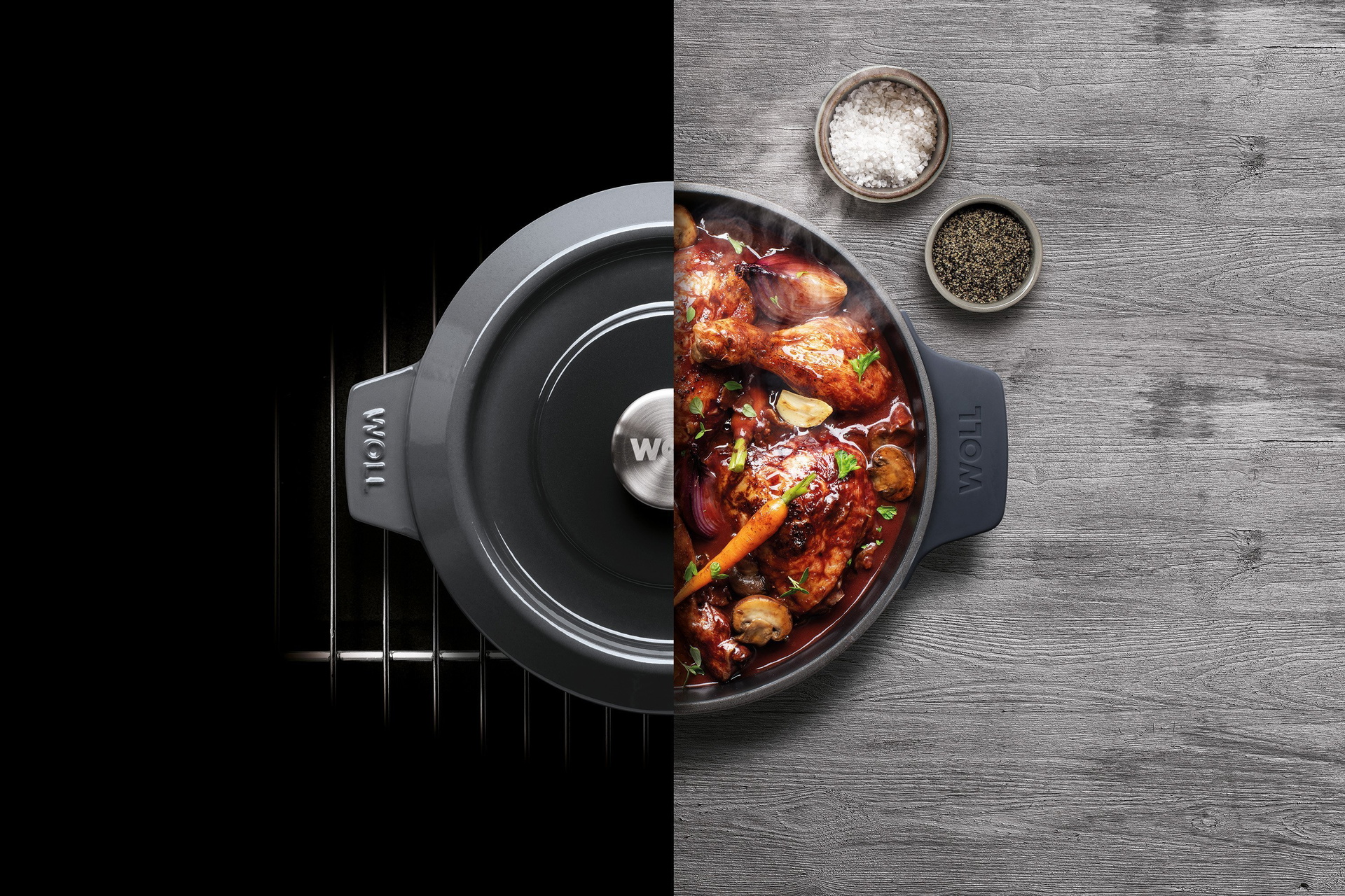 Der runde, graue Iron Topf wird mit Deckel im Ofen verwendet und anschließend direkt mit dem Geflügelgericht auf den Tisch gestellt.