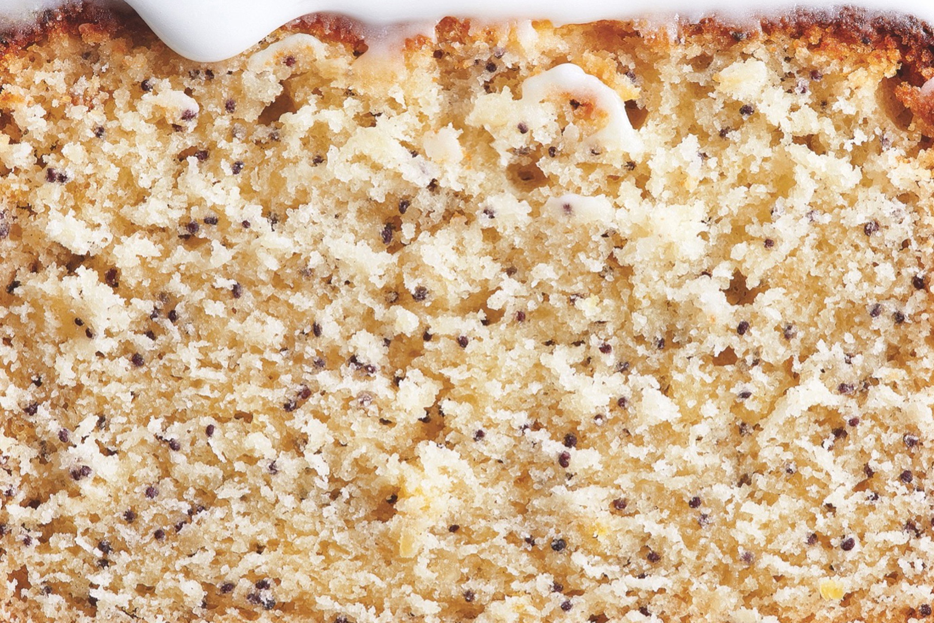 Im Querschnitt sieht man ein Zitronen-Mohnkuchen mit Glasur.