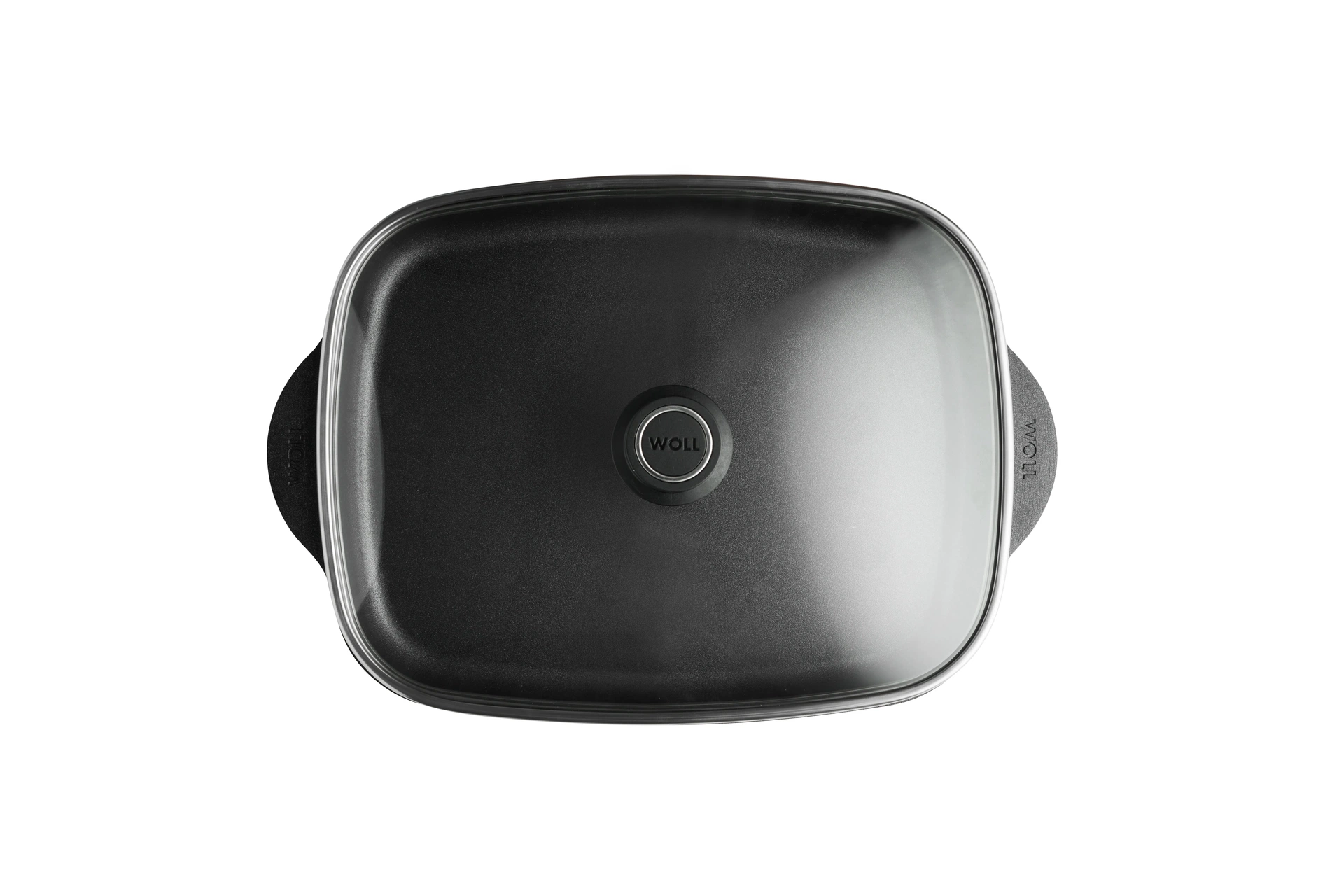 Flacher Eco-Logic-QXR-Bräter mit Glasdeckel von oben.