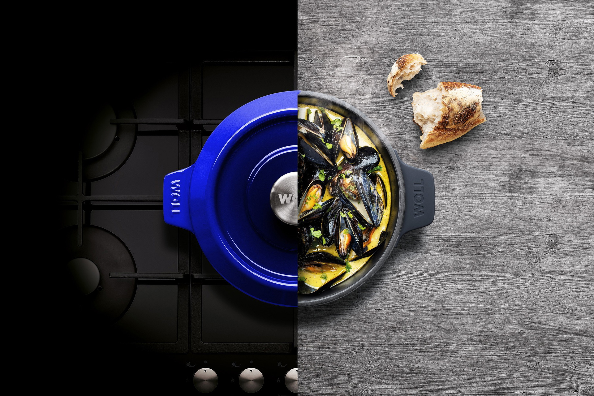 Der runde, blaue Iron Topf wird mit Deckel im Ofen verwendet und anschließend direkt mit dem Muschelgericht auf den Tisch gestellt.