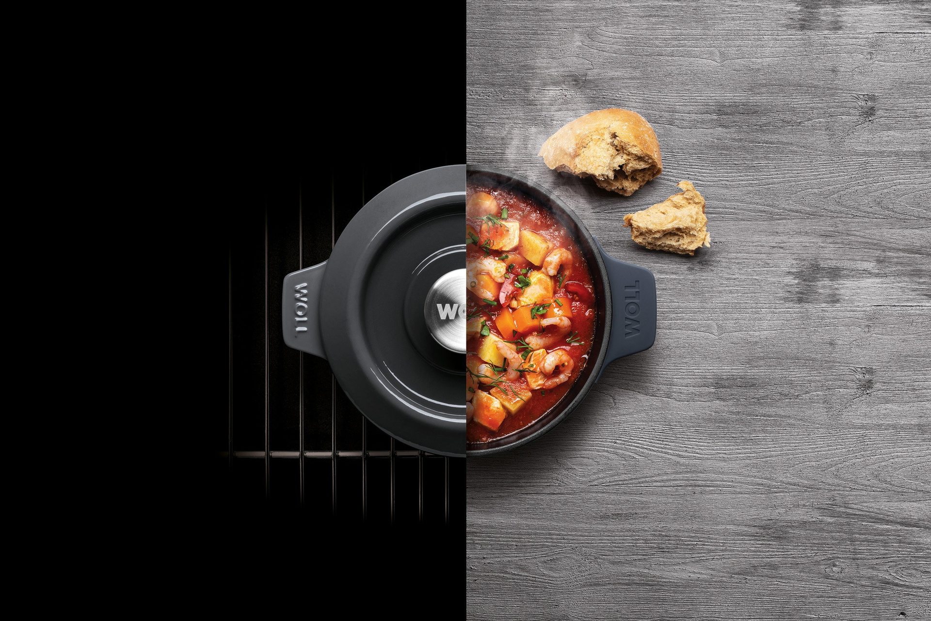 Der runde, graue Iron Topf wird mit Deckel im Ofen verwendet und anschließend direkt mit dem Garnelentopf auf den Tisch gestellt.