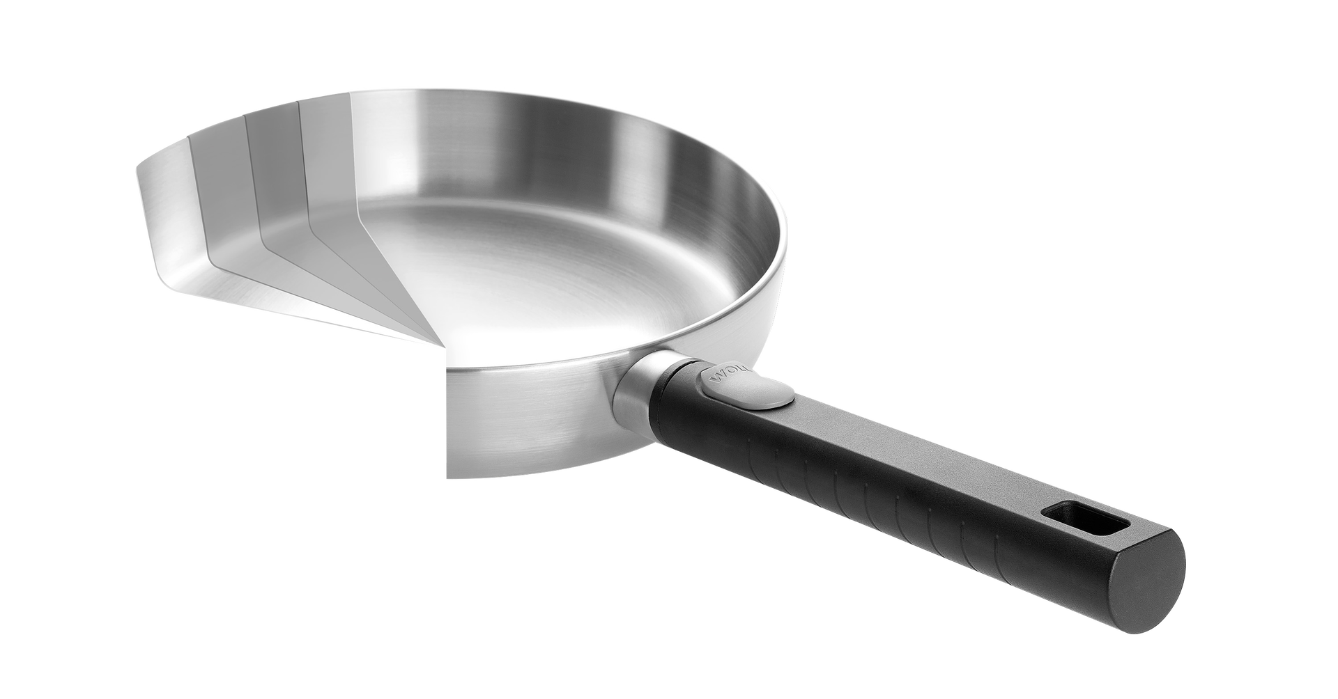 Runde Logic Steel Pfanne mit abnehmbarem Stiel. Zur Veranschaulichung der fünf Pfannenschichten wurden diese überlappend dargestellt und ein Teil der Pfanne wurde entfernt.