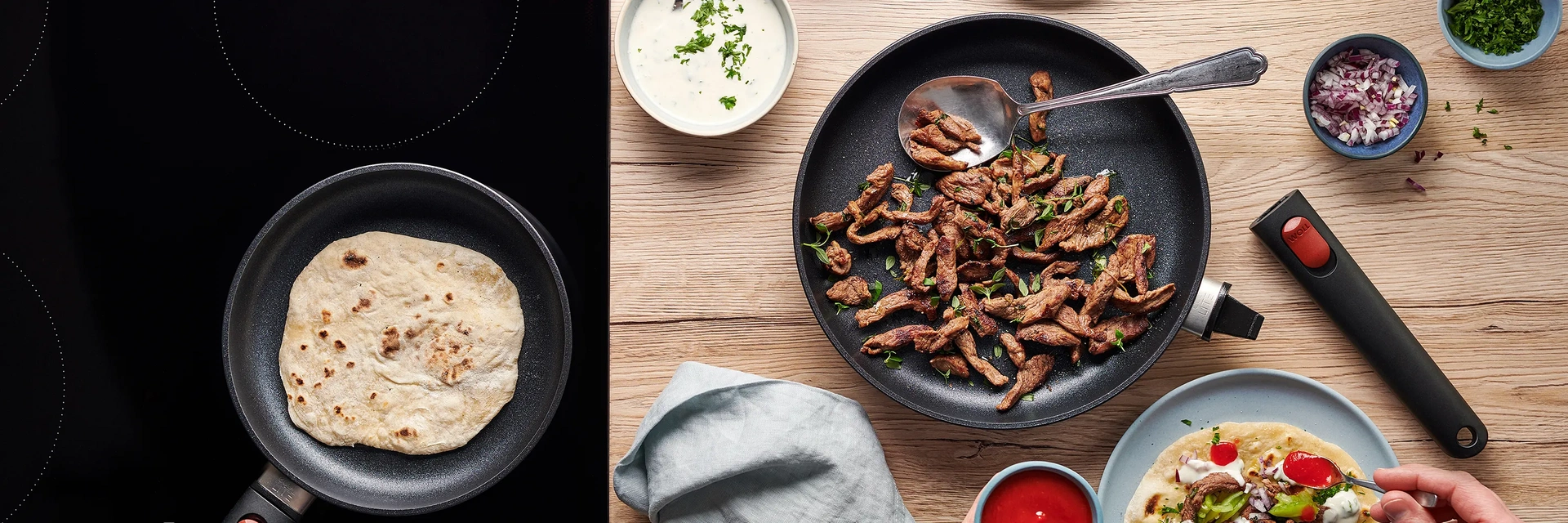 Auf dem Herd steht eine runde Pfanne der Serie Eco Lite QXR, in der frisches Fladenbrot gebacken wird. Auf der Arbeitsplatte steht eine größere runde Pfanne mit abgenommenem Griff derselben Serie, in der frisch angebratenes Fleisch mit Kräutern liegt. Auß