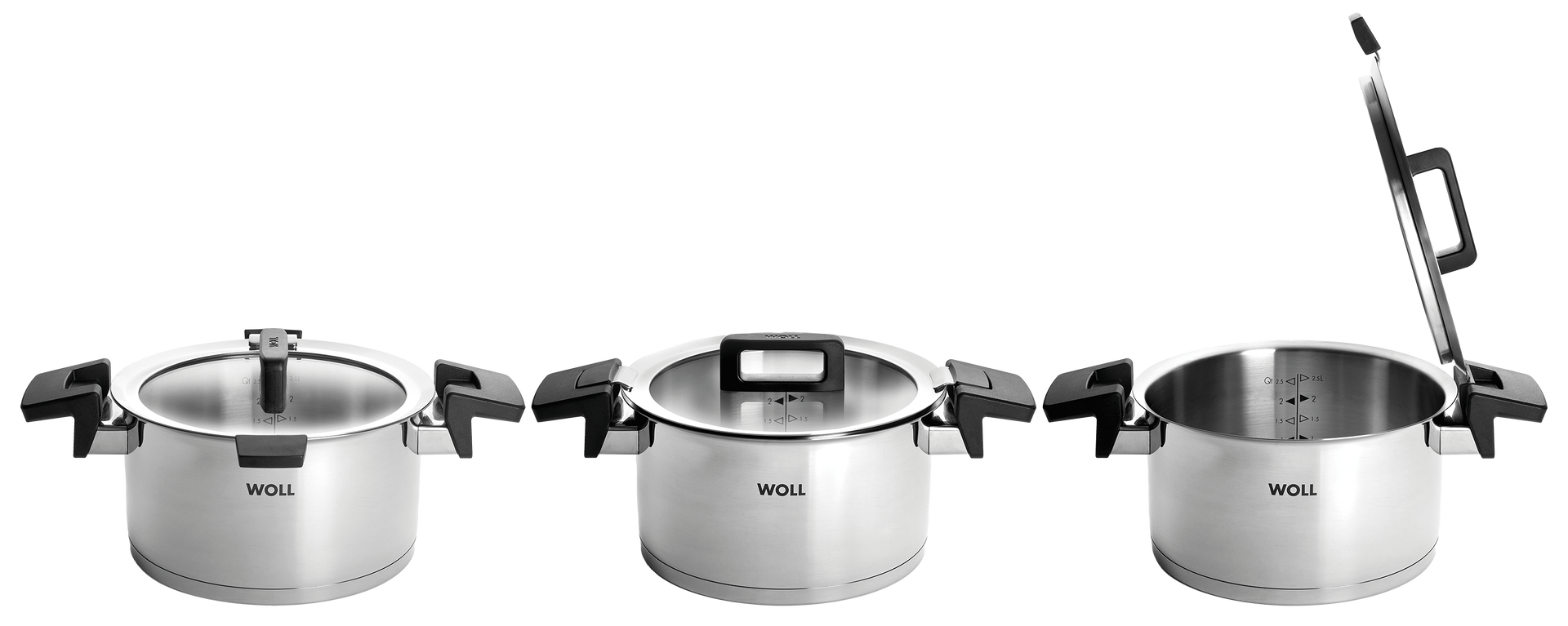 Der Concept-Topf ist in drei Ansichten zu sehen, wobei in der letzten Ansicht der Deckel im Griff eingerastet ist.