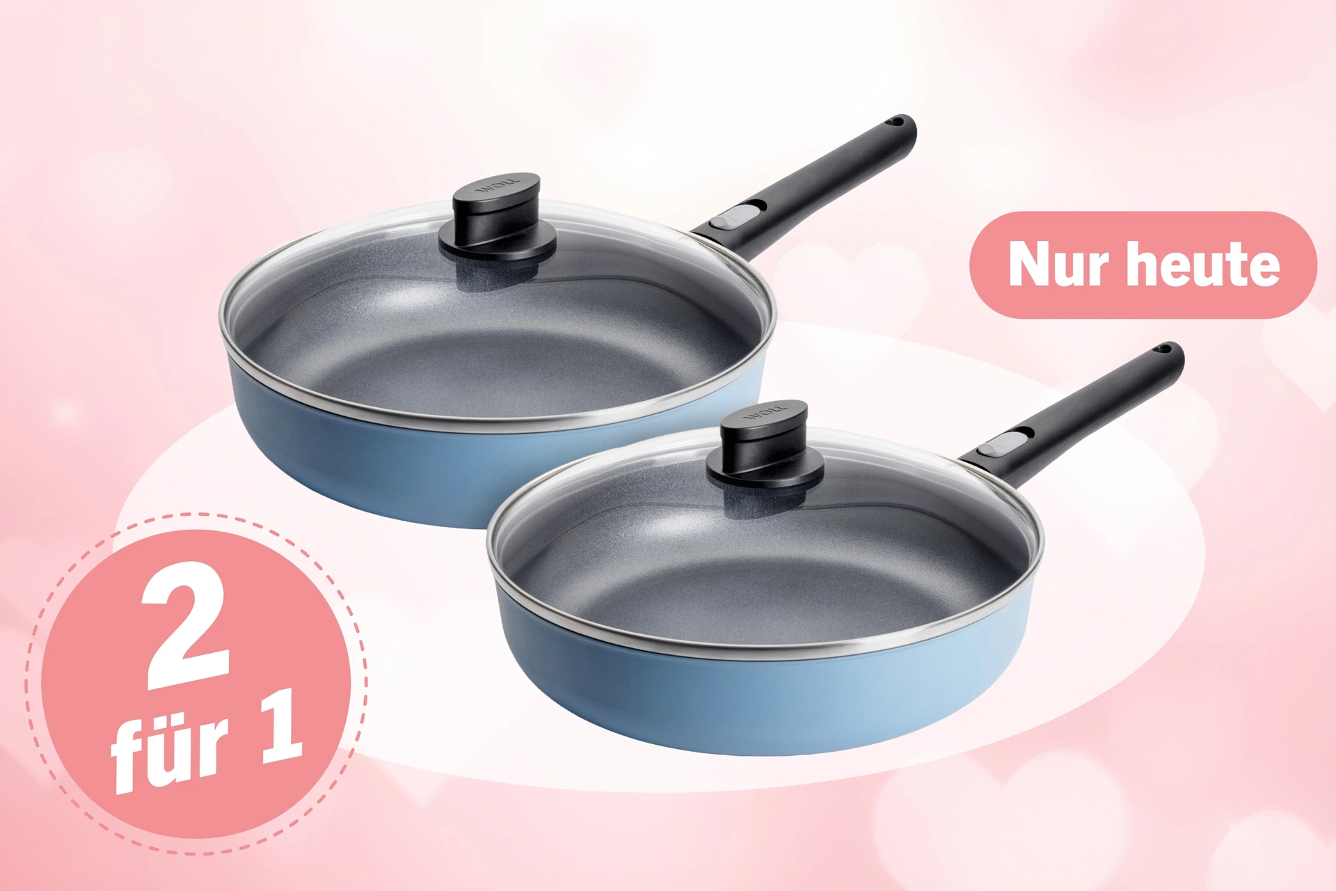 Ecolour Hochrandpfannen-Set, 4-tlg., 2 x Ø 28 cm Ecolour-Pfannenset, Ø 28 cm, 2 für 1, Himmelblau, 4-teiliges Set inkl. Deckeln auf rosa Herzen-Hintergrund.