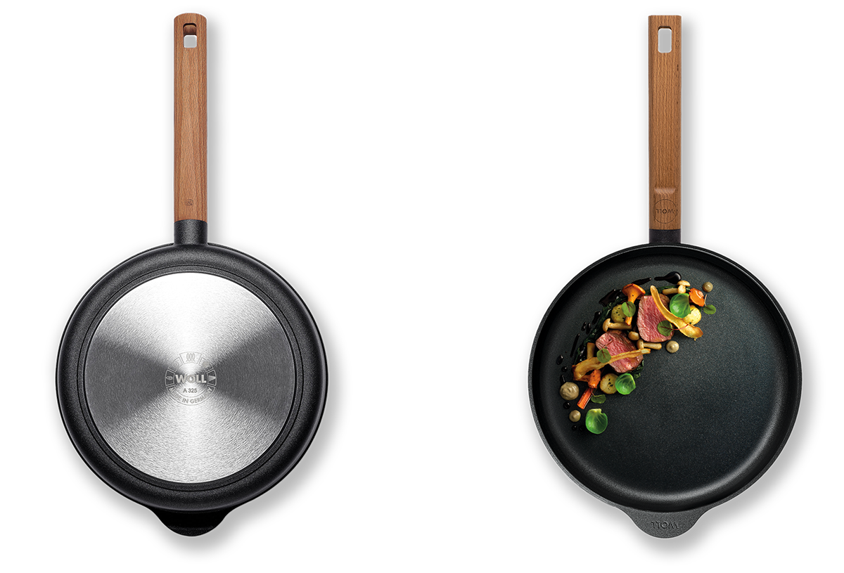 In der linken Ansicht ist der Pfannenboden der runden Eco Logic QXR zu sehen, in der rechten Ansicht die runde, gefüllte Eco Logic QXR Pfanne.