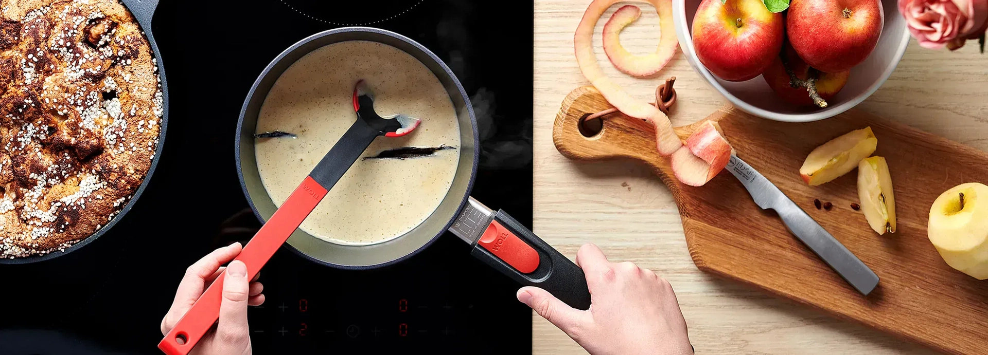 Eine runde Hochrandpfanne mit abgenommenem Stiel der Serie Diamond Lite enthält einen fertig gebackenen Kuchen, daneben ein Stieltopf mit kochender Vanillesauce, die mit einem roten Küchenhelfer umgerührt wird. Rechts davon liegen ganze wie auch geschälte