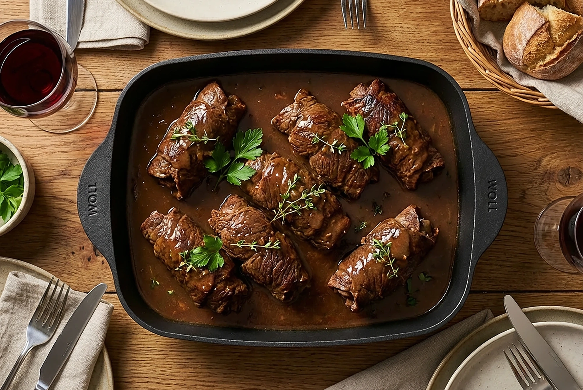 Flacher Eco-Logic-QXR-Bräter mit Rouladen darin. Er steht auf einem Holztisch. Daneben sieht man Teller mit Besteck und Weingläser. Ansicht aus Vogelperspektive.