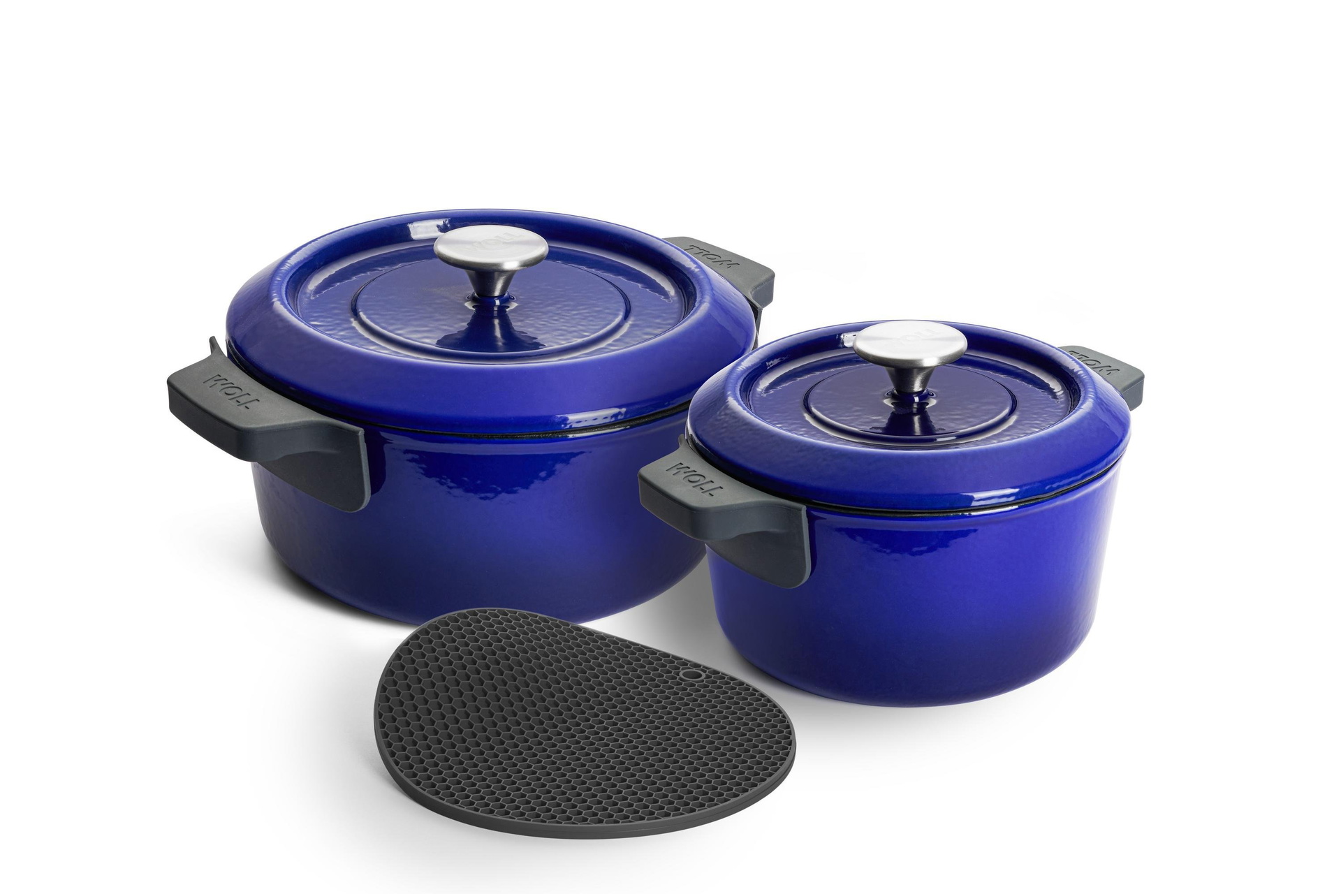 W21-SET-30-020_3Quarter Iron Topf-Set, Ø 24 cm + 20 cm, mit Silikon-Untersetzer | Cobalt Blue